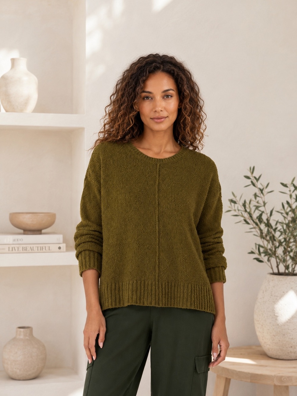 Eileen Fisher Moss Cotton Blend Fluff Sweater Sz L Crew Neck Boxy Fit Top NWT